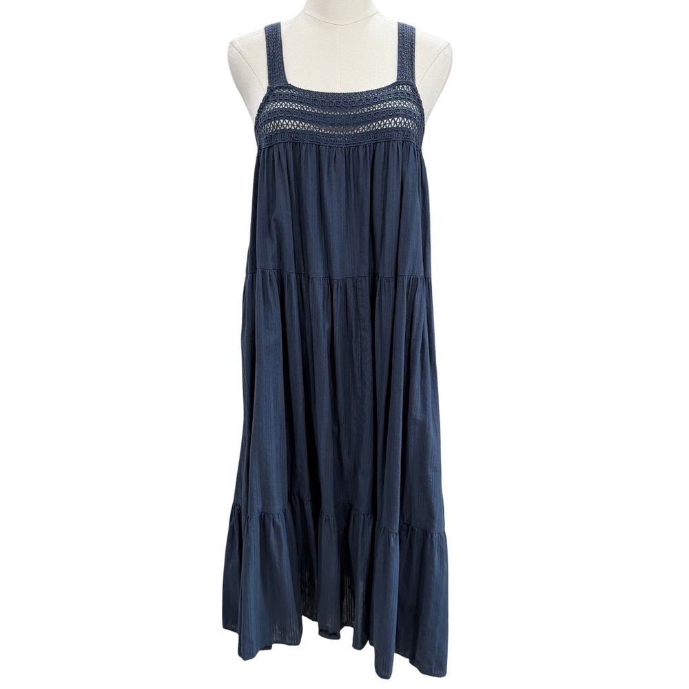 Steel Blue Boho Tiered Midi Dress Crochet Cotton Festival Cottagecore Beach SZ M - Picture 4 of 8